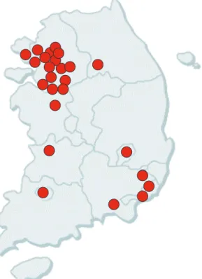 Fig. 1. Geographic distribution of the 25 university-affiliated hospitals that participated in this study.