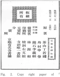 Fig.  2.  Copy  right  paper  of   Danbangshinpyon by  Yuilseoguan    ○  1909년(융희3)  유일서관본 單方新編은  1909년에  신연활자로  간행되었는 데,  <그림  2>는  한독의약박물관본  單方新編의  판 권지이다