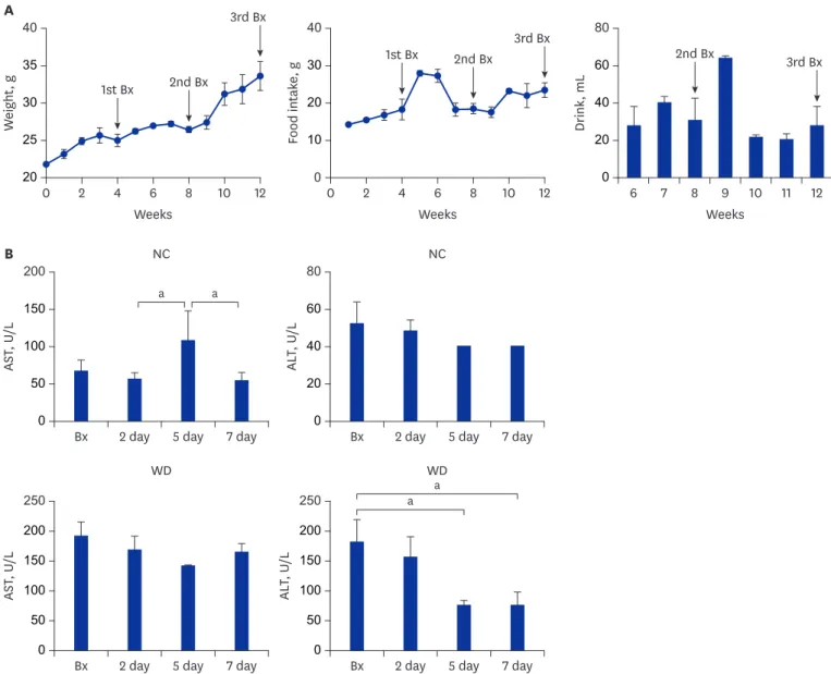 Fig. 5. Changes in body weight, food intake, and liver enzyme during repeated liver Bx
