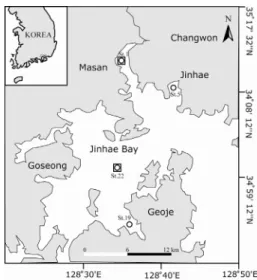 Fig. 1. Location of the nutrient additional algal assay  sites in Jinhae Bay, Korea; open square and  circle indicates study sites in 2010 and 2011,  respectively
