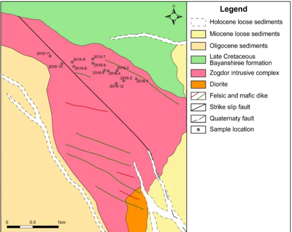 Fig. 2. Geological map of the study area (modified from Jamiyandorj and Zoljargal, 2010), with sample locations.