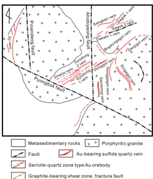 Fig.  1. Generalized  geological  map  of  the  Unsan  Au deposit,  showing  the  orientation  of  the   princi-pal  quartz  veins  and  faults  (Modified  after  Koh et  al.,  2019).