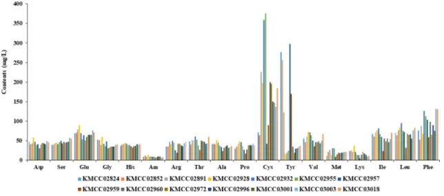 Fig. 5. Amino acid contents of 14 strains of Ganoderma spp. (Asp, Aspartic acid, Ser, Serine; Glu, Glutamic acid; Gly, Glycine;