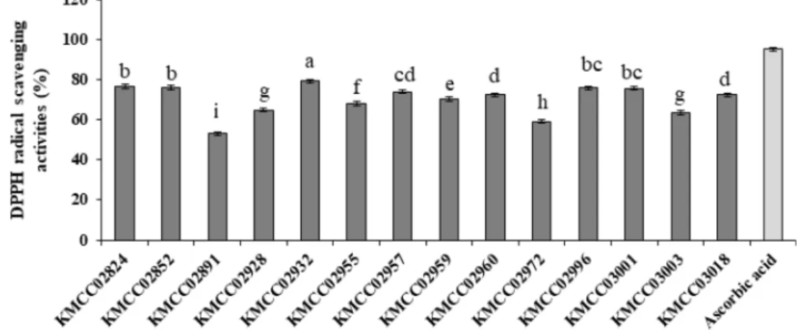 Fig. 2. DPPH radical scavenging activities of 70% ethanol extracts (1 mg/ml concentration) from 14 strains of Ganoderma spp.