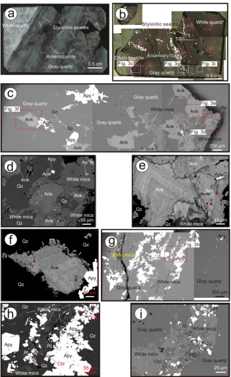 Fig.  3. Photograph,  microphotograph  and  BSEs  of  minerals  representative  for  laminated  quartz  veins  from  the Samgwang  Au-Ag  deposit