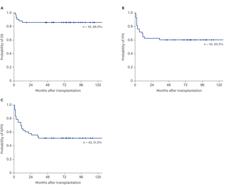 Fig. 1. The 10-year Kaplan-Meier survival rates for aplastic anemia patients who received allogeneic stem cell transplantation (n = 43)