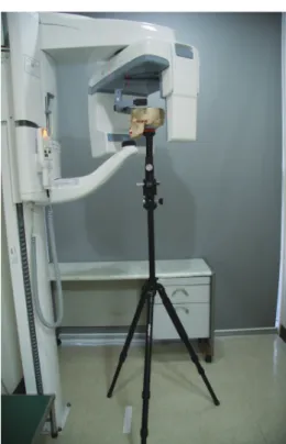 Fig. 1. Measurement of metal ball. Fig. 2. Mounted dry skull in the dental panoramic X-ray  machine.