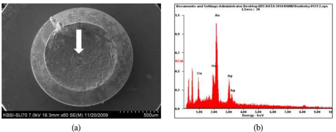 Fig. 7. EDS analysis of implant retaining screw (gold alloy). (a) EDS analysis was performed in this area (arrow)