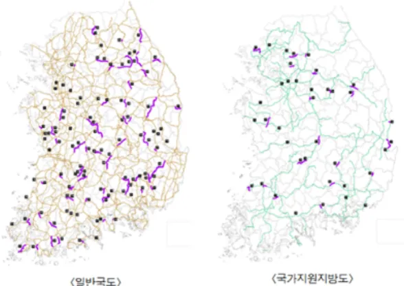 그림 12. 시설개량사업 적용 대상 구간까지 6등급으로 구분한다. 도로환경 위험도는 1단계  시설개량사업  후보노선  선정시  사용한  CMF 위험도 등급으로 산정한다