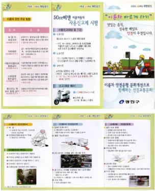그림 5. 교육용 리플릿(3단 양면)점을 감안하여 지역별 소규모 배달업소를 직접 방문하여  배달업주는  배달종업원  고용시  면허증  확인 및 안전운행의 수시확인을 당부하고, 배달종사자와 직접 대면하여 이륜차의 위험성과 교통법 준수 등 안전교육 및 홍보활동을 지속적으로 추진해 왔다