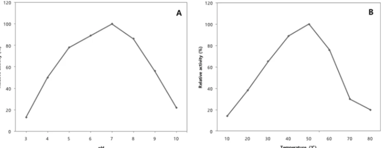 Fig. 3. Effects of pH (A) and temperature (B) on mannanase activities. (A) Enzyme activity was assayed at 50 o C for 15 min in sodium citrate buffers with the indicated pH values