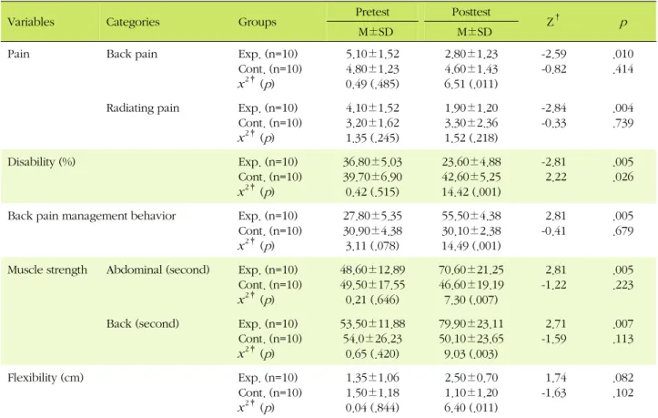 Table 4. Group Comparisons on Pain, Disability, Back Pain Management Behavior, Muscle Strength, and Flexibility 