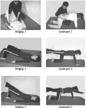 Figure  1.  Lumbar  stabilizing  exercise곡하고,  양  팔은  서로  팔짱을  꼈다.  검사자의  “시작” 이라는  구호와  함께  대상자가  견갑골을  지면에서  들어  올리면,  검사자는  초기계(Stopwatch HS-3, CASIO, 중국OEM)를  이용하여,  최대  유지시간을  기록하였다