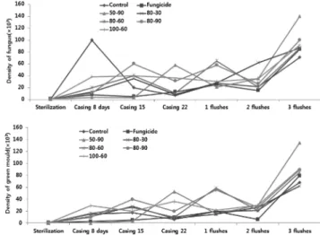 Fig. 3. Density of actinomyces according to the growing stage of mushroom.