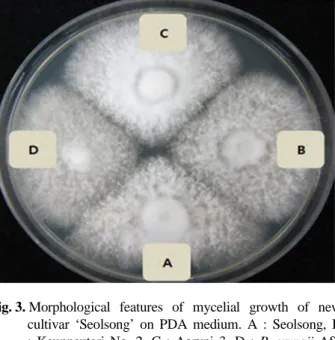 Table 1. Mycelial growth of new cultivar ‘Seolsong’ on the different temperature and pH