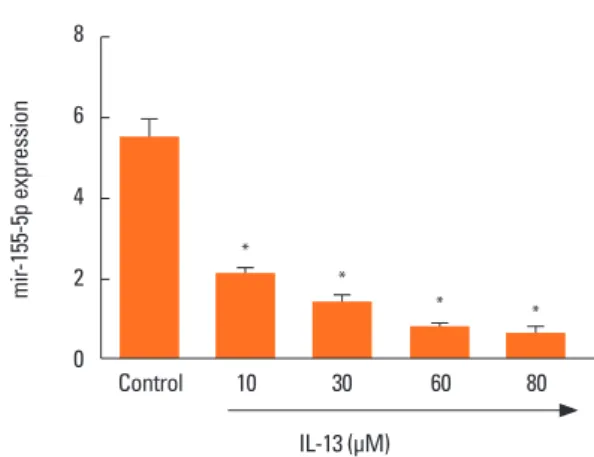 Fig. 2. Treatment with IL-13 inhibits the expression of miR-155-5p in BSMCs. 
