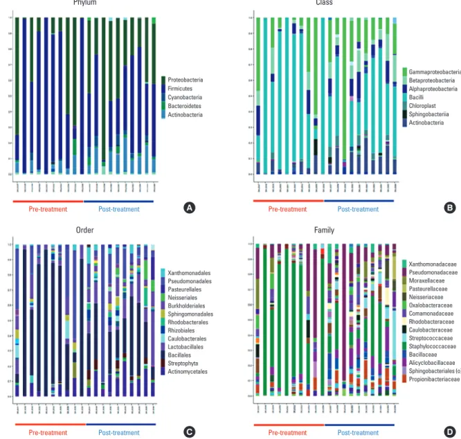 Fig. 3. Bacterial community analysis of skin washing fluid of AD patients with before and after treatment according to the phylogenetic hierarchy of phylum, class,  order, and family