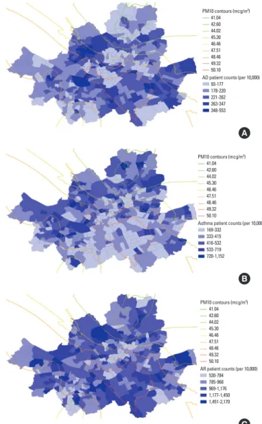 Fig. 1A-C illustrate spatial variations in prevalence of the 3 al- al-lergic disease types overlaid with the PM10 contour in Seoul