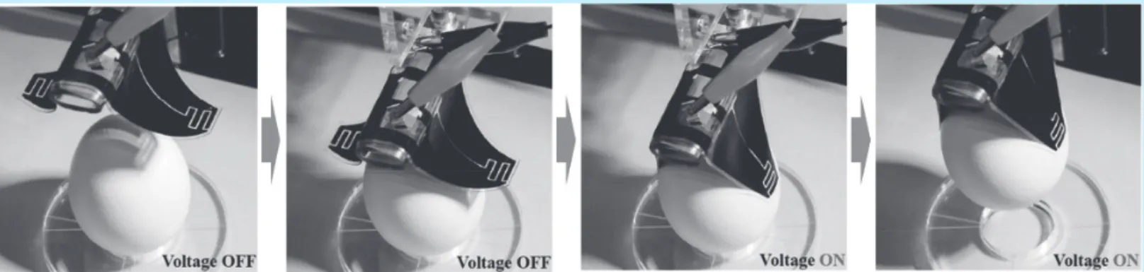 그림 4    60.9g의  날계란을  정전기적  접착력을  이용해  집어  올리는  과정(Shea  H.  et  al.,  Versatile  soft  grippers  with  intrinsic  electroadhesion based on multifunctional polymer actuators 2015)