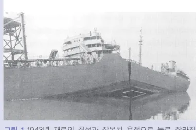 그림 1 1943년 재료의 취성과 잘못된 용접으로 둘로 잘라진 T2  탱커 Schenectady(Public  Domain,  https://
