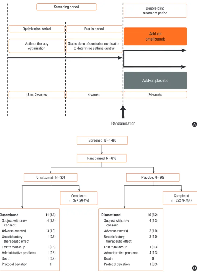 Fig. 1. (A) Study design and (B) patient disposition. One administrative problem in the omalizumab group was due to drug administration being performed incorrectly