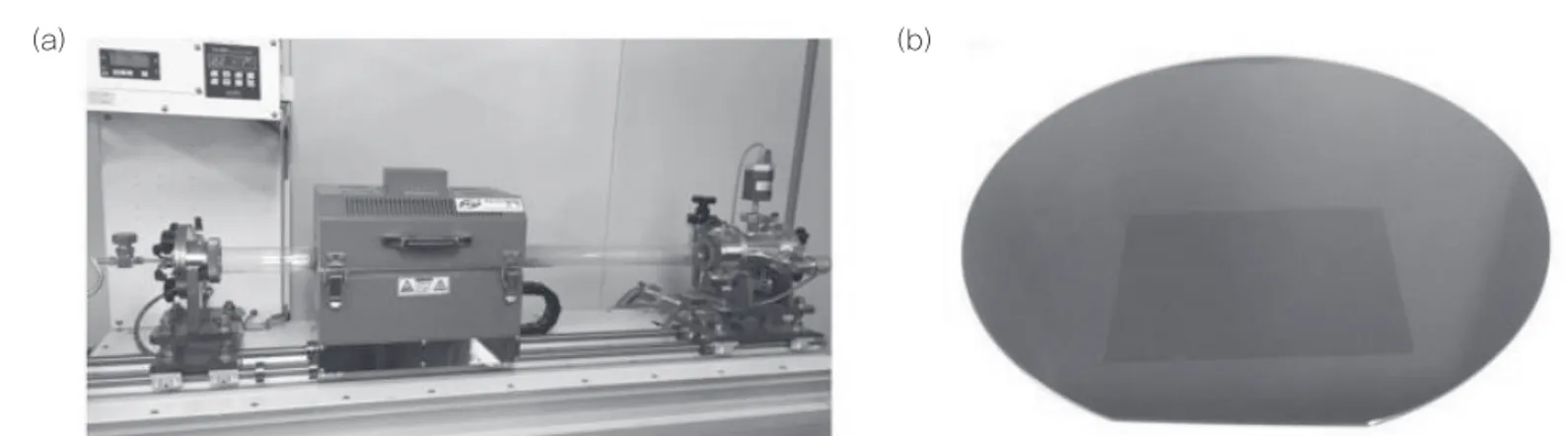 그림 3 (a) 그래핀 합성에 사용된 화학 기상증착장비 사진; (b) 실리콘 웨이퍼에 전사된 단층 그래핀 사진