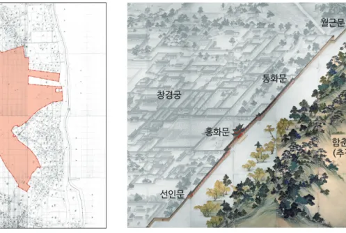 그림  4 .  ｢  동궐도 ｣ 를 통해 본 창경궁 월근문-선인문과 함춘원 추정지  (출처 : 고려대학교 박물관 소장, 필자 편집). 표 1.  