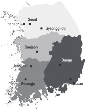 Fig. 1. A map of Korea presenting 4 spheres and specific 8 localities.