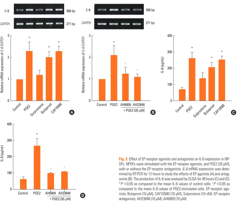 Fig. 3. Effect of EP receptor agonists and antagonists on IL-6 expression in NP- NP-DFs