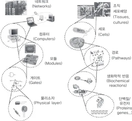 그림 1 합성생물학과 전자공학의 유사성[E.  Andrianantoandro  et  al., Molecular Systems Biology 2006, article #: 2006.0028]