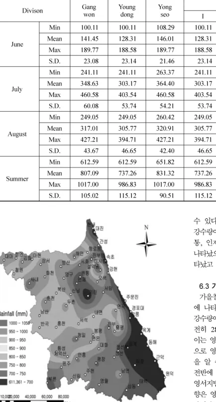 Fig. 6. The spatial distribution of precipitation during summer in Gangwondo.