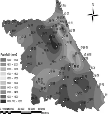 Fig. 8. The spatial distribution of precipitation during winter in Gangwondo.