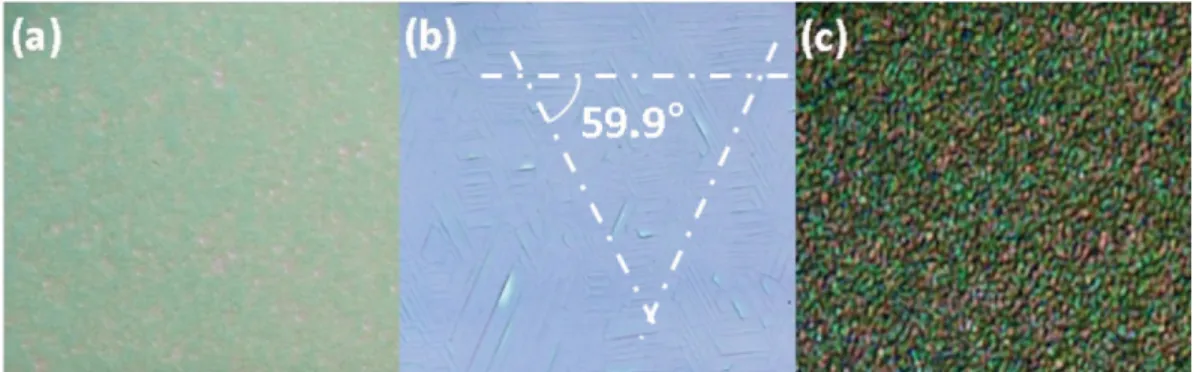 Fig. 7. SEM images showing merge process of -Ga 2 O 3  thin film: (a) isolated nuclear region (b) nuclear island merging region (c) com- com-pletely merged region.