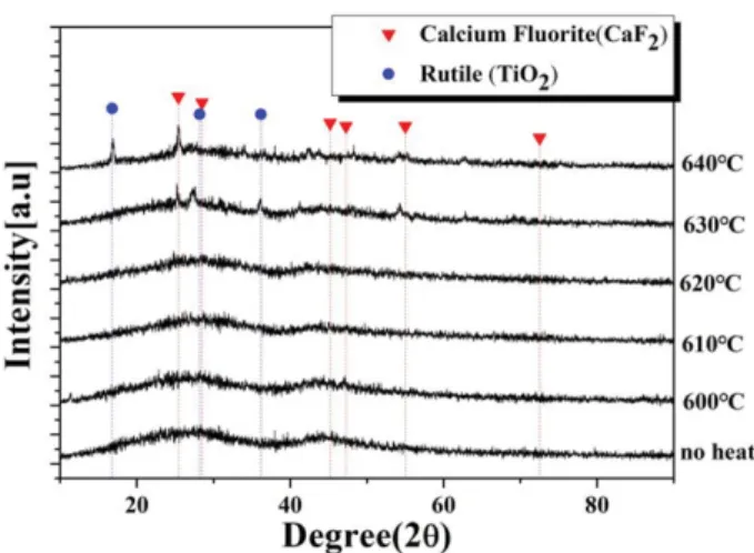Fig. 3. SEM result of CaF 2 -Al 2 O 3 -B 2 O 3 -TiO 2 : Eu glass-ceramics heat treated at 600~640 o C for 4 h.