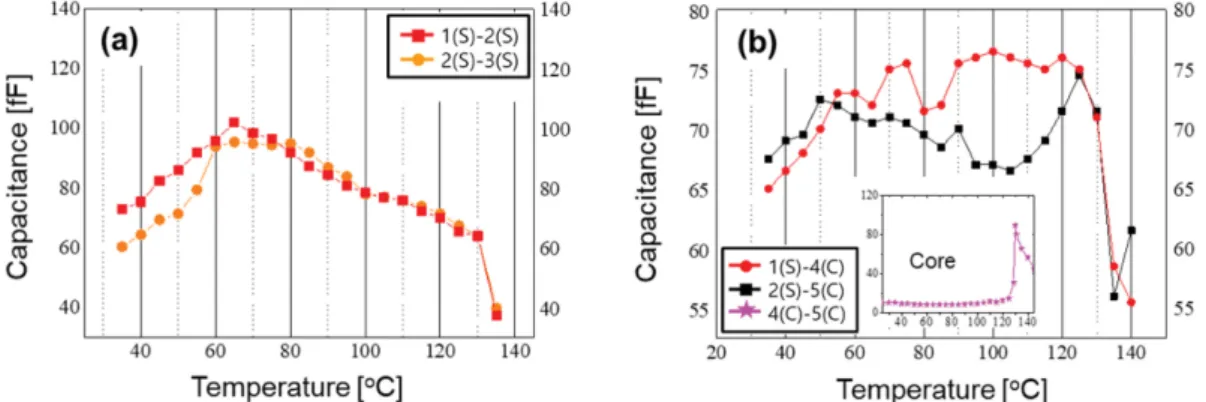 Fig. 5. TCC behaviors measured from Pt electrodes deposited at different positions: (a) shell-shell and (b) core-shell