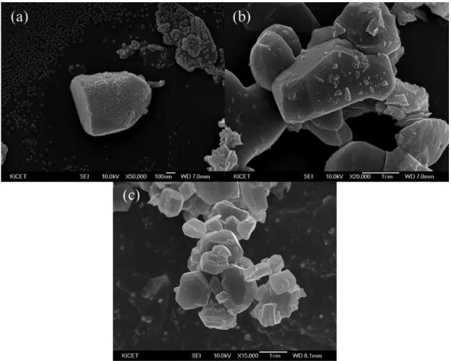 Fig. 3. SEM images of the A 3 V 5 O 14  (A = K and Rb) and Cs 2 V 4 O 1  fluorescent pigments.