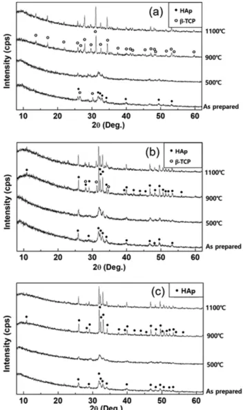 Fig. 2. XRD patterns of the precipitated calcium phosphate powders (Ca/P = 1.67), without hydrothermal treatment, heat
