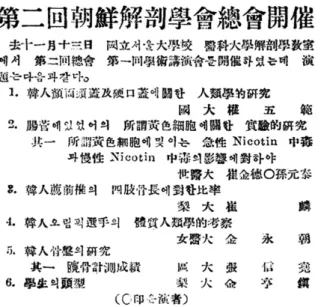 Table 1. The contents of the second annual meeting and the first conference of Joseon association of anatomists (1948) 제2회 조선해부학회총회 개최 (第二回 朝鮮解剖學會總會 開催) 지난해  11월 13일 (1948년) 국립서울대학교 의과대학해부학교실에서 제2회 총회, 제1회 학술강연회를 개최하였는데 연제는 다음과 같다
