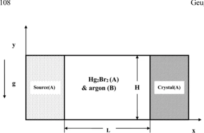Fig. 1. Schematic and coordinates for modeling and simulation of PVT crystal growth reactor of Hg 2 Br 2 (A)-argon(B).