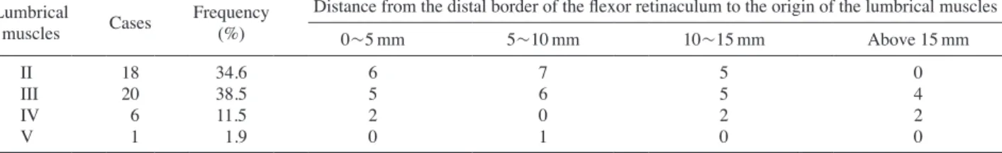 Table 2. The lumbrical muscles originating in the carpal tunnel