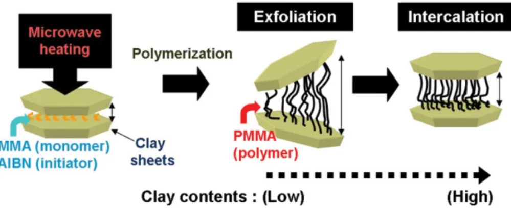 Fig. 2. Schematic illustration of microwave assisted polymerization of PMMA in clay gallery resulting in PMMA/clay nanocomposites.