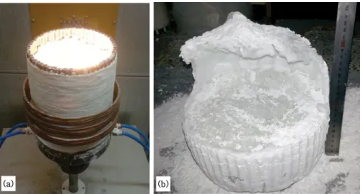 Fig. 3. Photographs of (a) melting Al 2 O 3  powder at an oscillation frequency of 2.75 MHz and (b) an ingot that was air-cooled inside the cold crucible and separated from the crucible.