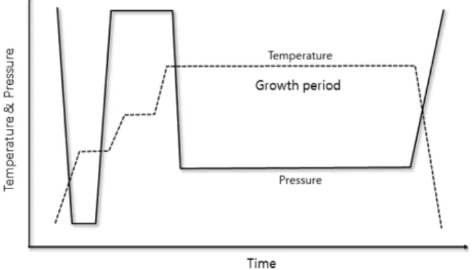 Fig. 1. Growth progam for AlN single crystal in the variables of temperature and pressure vs time.