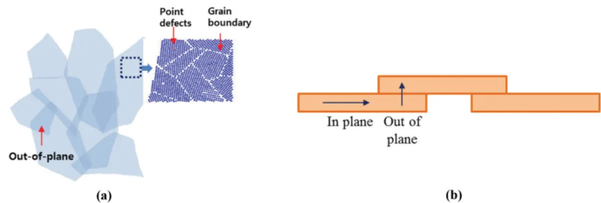 Fig. 1. (a) Various defects in a nanosheet and nanosheet film. In-plane and out-of-plane direction in the nanosheet film.