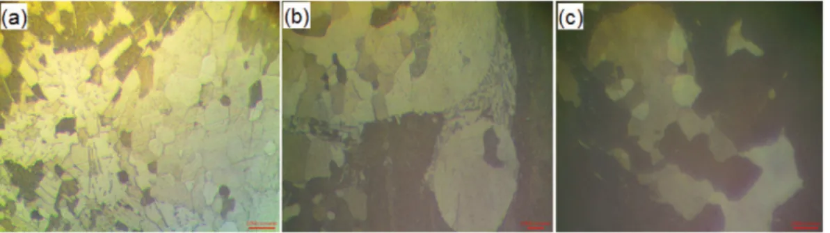 Fig. 3. Optical microscope pictures of Sn-3.0Ag-0.5Cu (weight%) solder bar sample after acid treatment for (a) 10, (b) 20 and (c) 30 seconds
