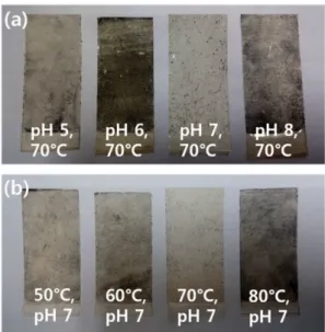 Fig. 4. SEM surface morphologies of Ni-plated EPDM rub- rub-bers prepared at different processing temperatures under pH 7: