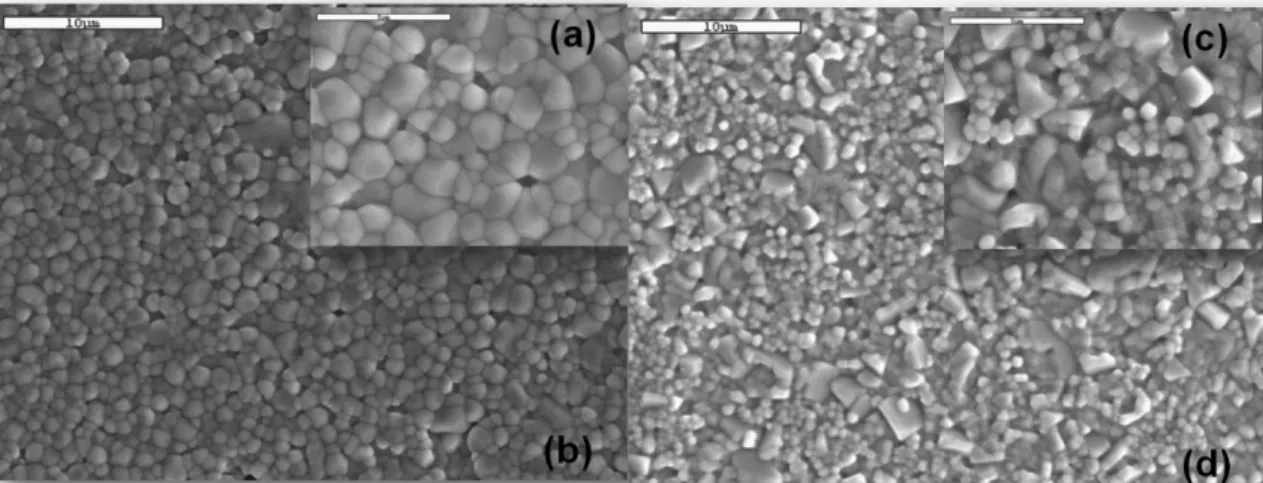 Fig. 2. Scanning electron micrographs of (a), (b) NBT and (c), (d) NBT-7BT.