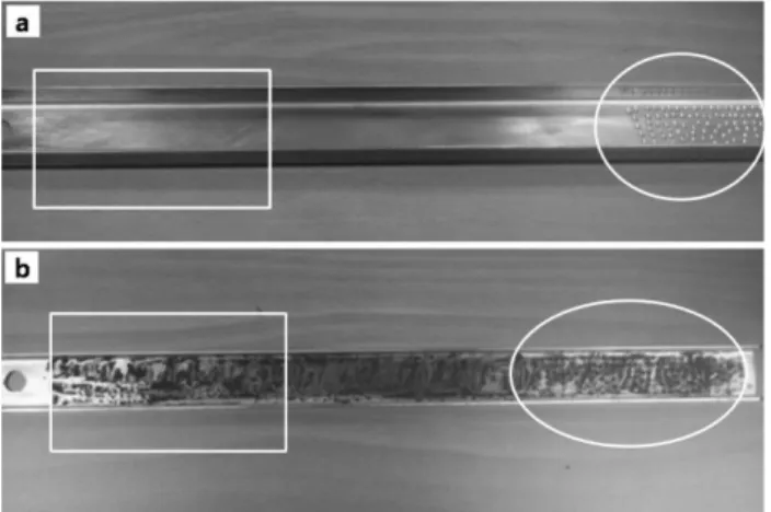 Fig. 1. Photographs of the stainless steel substrate pretreated by the unidirectional scratching using a SiC sand paper at one side area of the substrate (see the rectangular area) and by a mechanical drill (see the circular area) at the other side area of