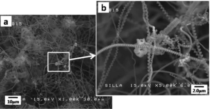 Fig. 5. Photograph of the as-grown carbon coils on the doubly pretreated (scratching + grooving) stainless steel substrate and FESEM images for the as-grown carbon coils of the circular area of the substrate under magnification (a) 50, (b) 300, and (c) 1,5