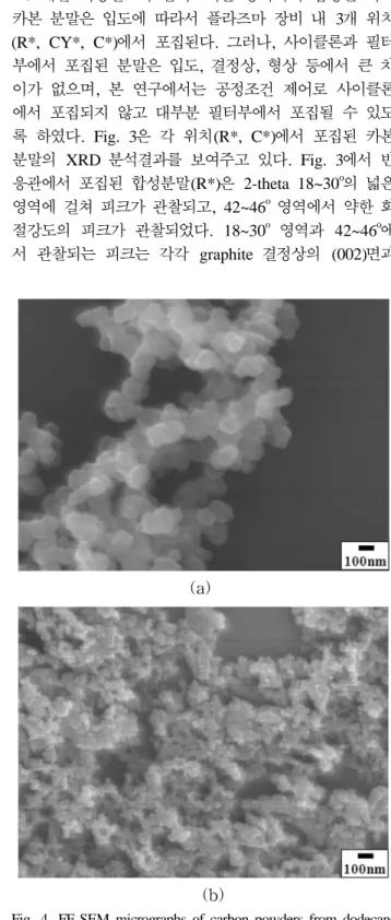 Fig. 4. FE-SEM micrographs of carbon powders from dodecane precursor: (a) reactor-collected and (b) filter-collected.